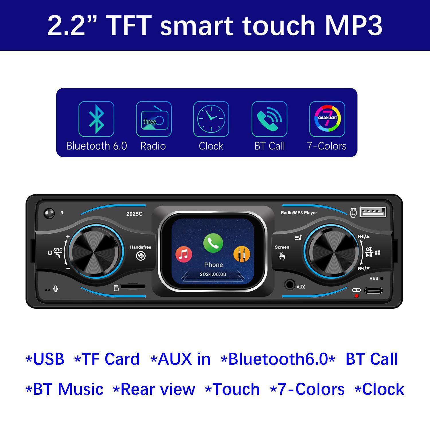 

Touchscreen Bluetooth Car Radio & MP3 Player with Time Display - Model 2025C No Steering Control or Remote