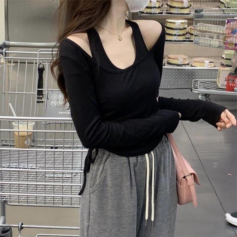 2KWEIRD Black Shirts for Women Ropa Mujer Fashion Tunci Drawstring Tshirts Y2k Clothes Tunic Crop Tops Korean Sexy Woman Tshirt