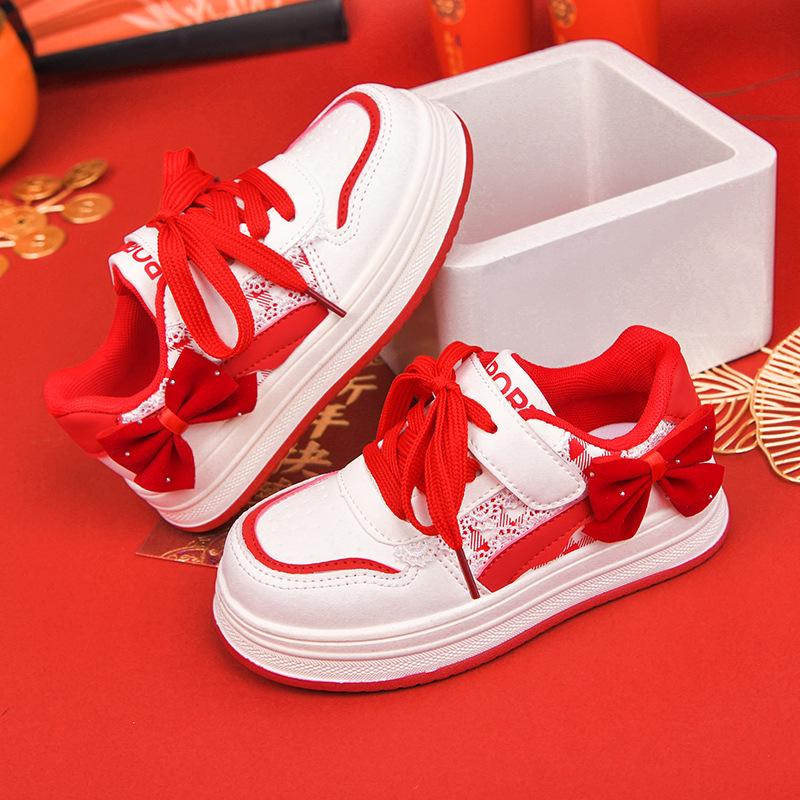 2025 Winter New Arrivals: Girls' Versatile Red Casual Sports Shoes for Middle and Big Kids