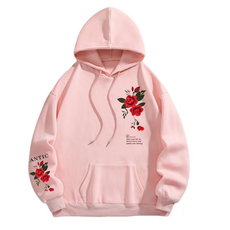 Ladies Spring Autumn Casual Hooded Long Sleeve Big Pocket Flower Printed Pullover Hoodies Sweatshirt Top