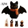 Decorative Wooden Fall Party Supplies Halloween Witch Statue, Retro Felt Style Black Cat Ghost Small Standing Wood Statues Bat Figures for Shelf Desk,