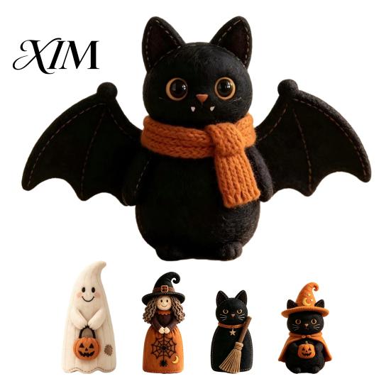 Decorative Wooden Fall Party Supplies Halloween Witch Statue, Retro Felt Style Black Cat Ghost Small Standing Wood Statues Bat Figures for Shelf Desk,