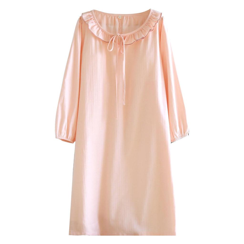 Women's Pure Cotton Gauze Nightgown with Built-in Bra, Round Neck, Lace, Versatile for Home or Outdoor Wear