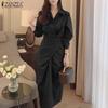 ZANZEA Women Casual Turn Down Collar Elegant Long Sleeve Long Dress
