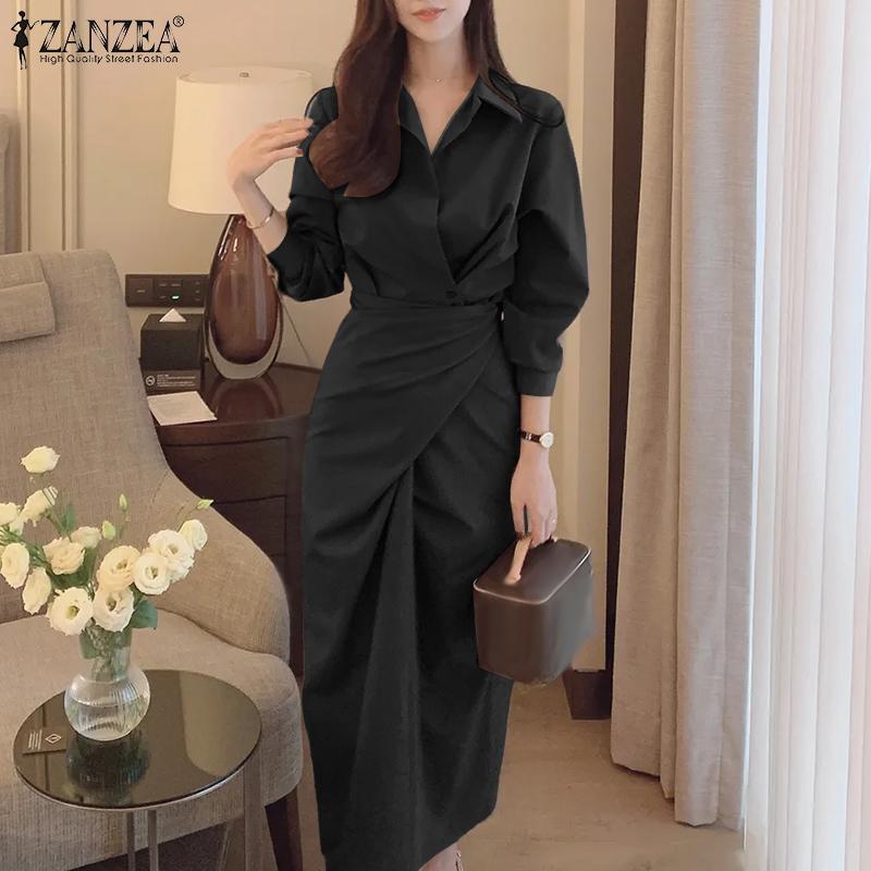 ZANZEA Women Casual Turn Down Collar Elegant Long Sleeve Long Dress