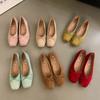 Happy Feelings Flat Bottom Shallow Mouth Ballet Silver Single Shoes Women's Shoes 2025 Bow Red Boat Shoes