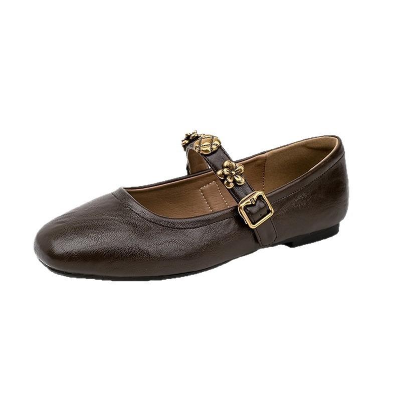 Soft sheepskin retro Mary Jane shoes women's spring and summer new shallow single shoes flat bottom one-word buckle small leather shoes