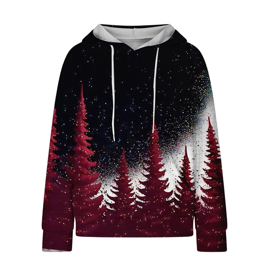 Women's Fashion Loose Hooded Pullover Long Sleeve Plaid Sweatshirt With Drawstring, Drop Shoulder, Pocket, Christmas Print Top