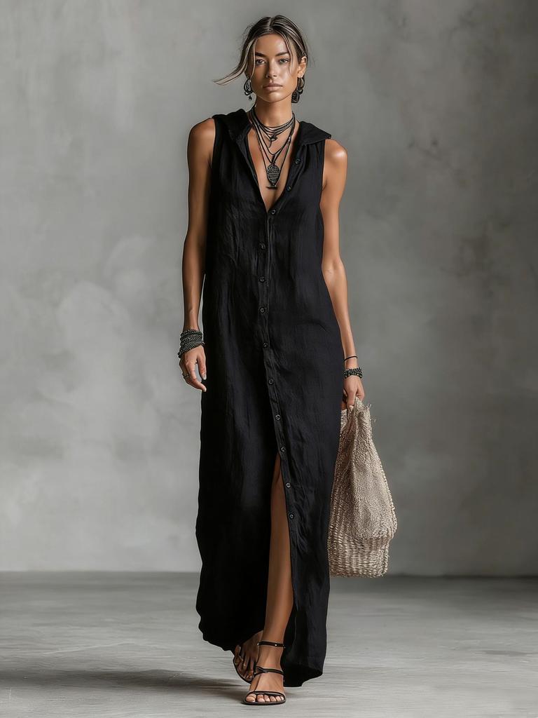 Summer New Ruffles Dress Sleeveless Hooded Long Dress Women's Clothing