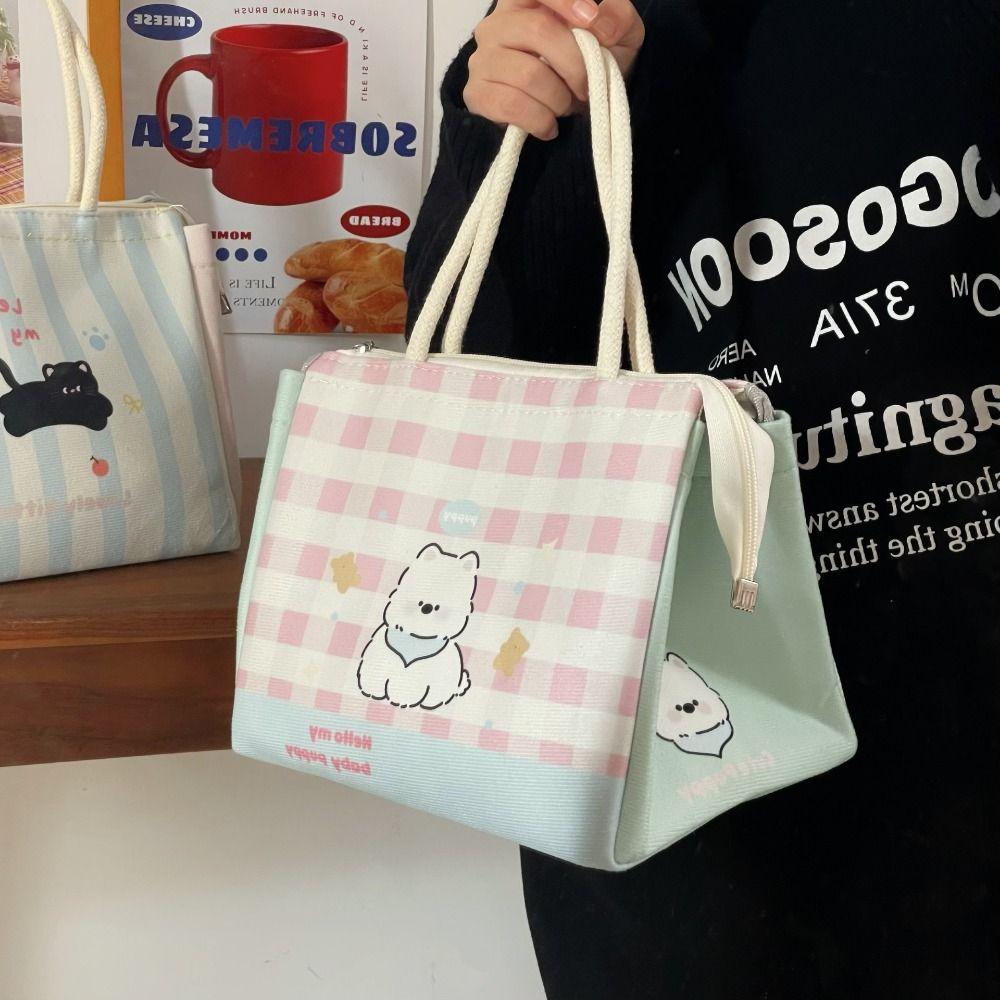 Handheld Cat Thermal Lunch Bag Large Capacity Insulated Lunch Box Bag Canvas Lunch Bag  Office