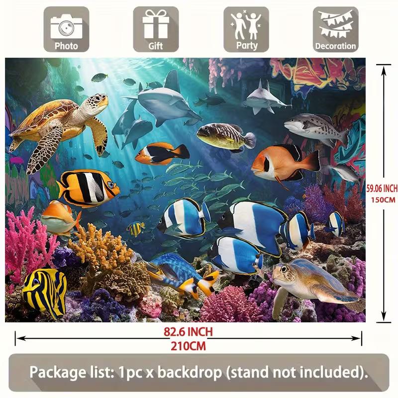 2D Aquarium Style Tapestry, Underwater World with Sea Turtle, Shark and Coral Reef Wall Art