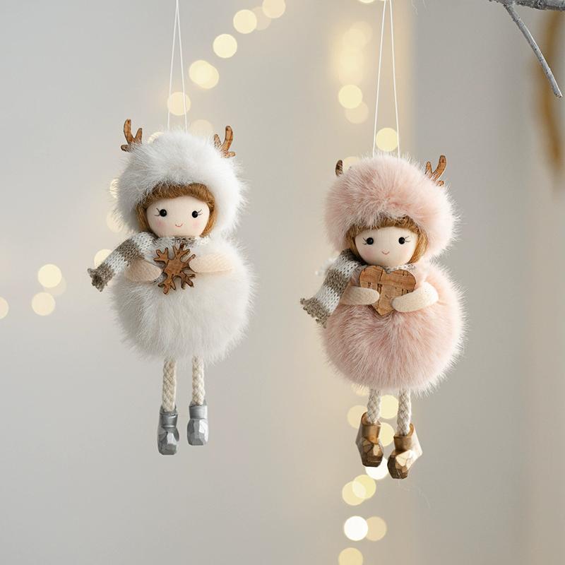 WTEMPO Charming Angel Round-Bellied Deer Antler Doll Hanging Pendents White Pink Christmas Ornaments Easy-Hang for Christmas Tree & Festive Party