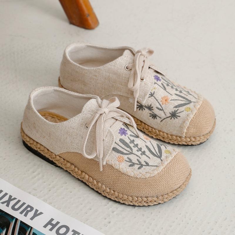 новые осенние литературные повседневные туфли из льна женские K изысканные вышитые шнурованные хлопково-льняные туфли 35