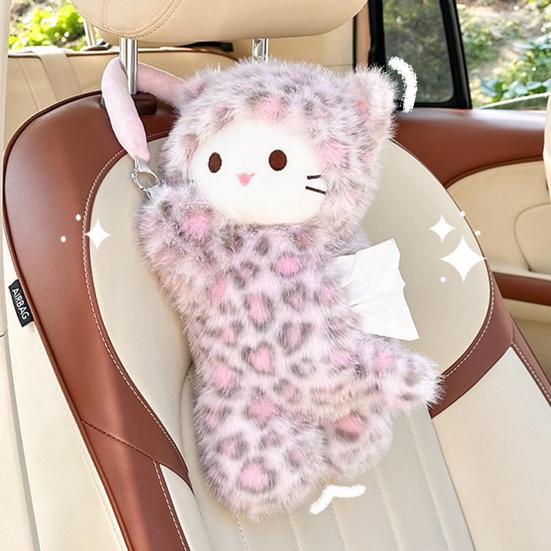 Leopard Print Cat Tissue Plush Universal Car Tissue Hanger Doll Creative Hanging Tissue Holder Vehicle Tissue Case Paper Box