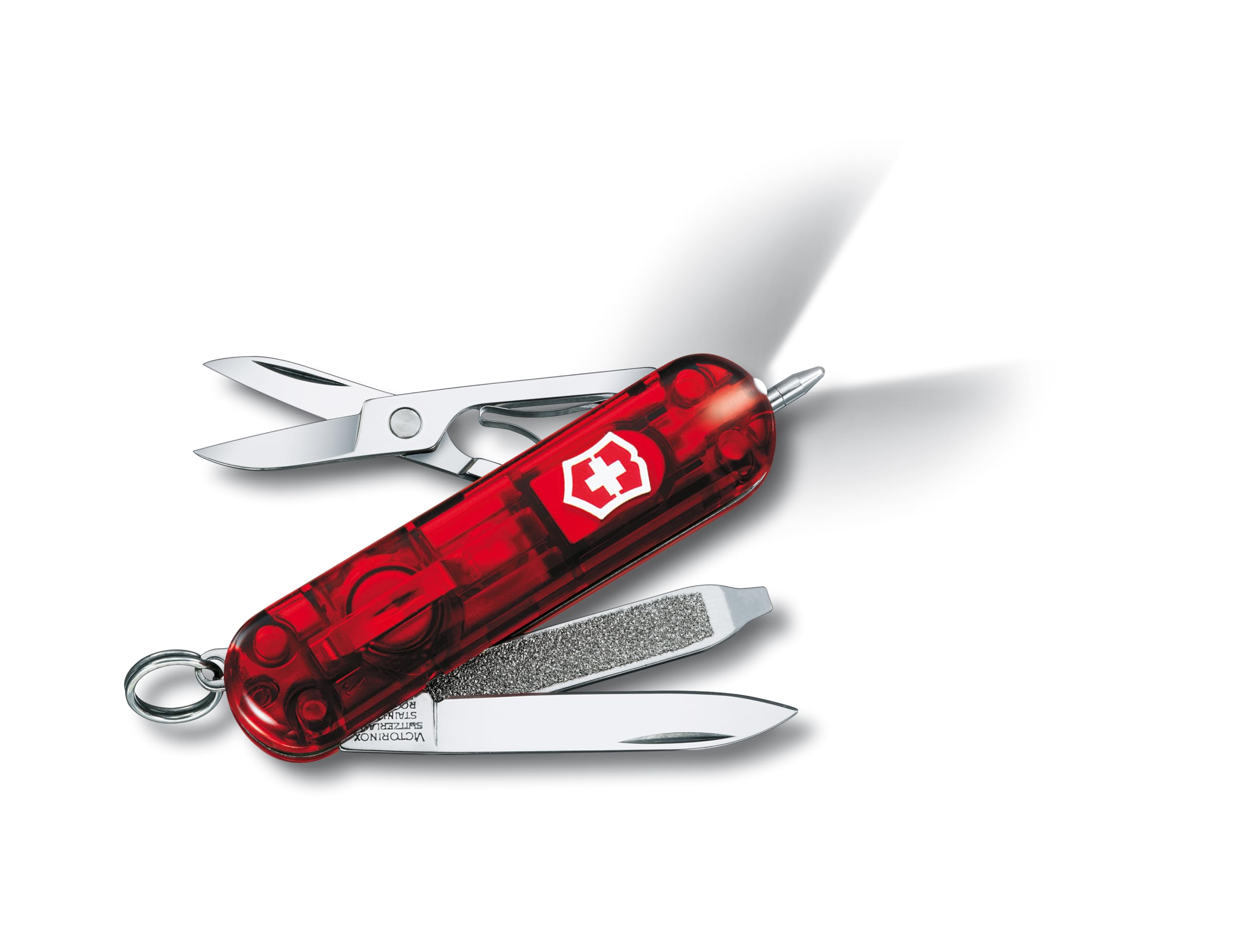 

VICTORINOX Signature Light Translucent Red, Swiss-made multi-tool with 7 functions, including knife, emergency supplies, ballpoint pen, and LED light.