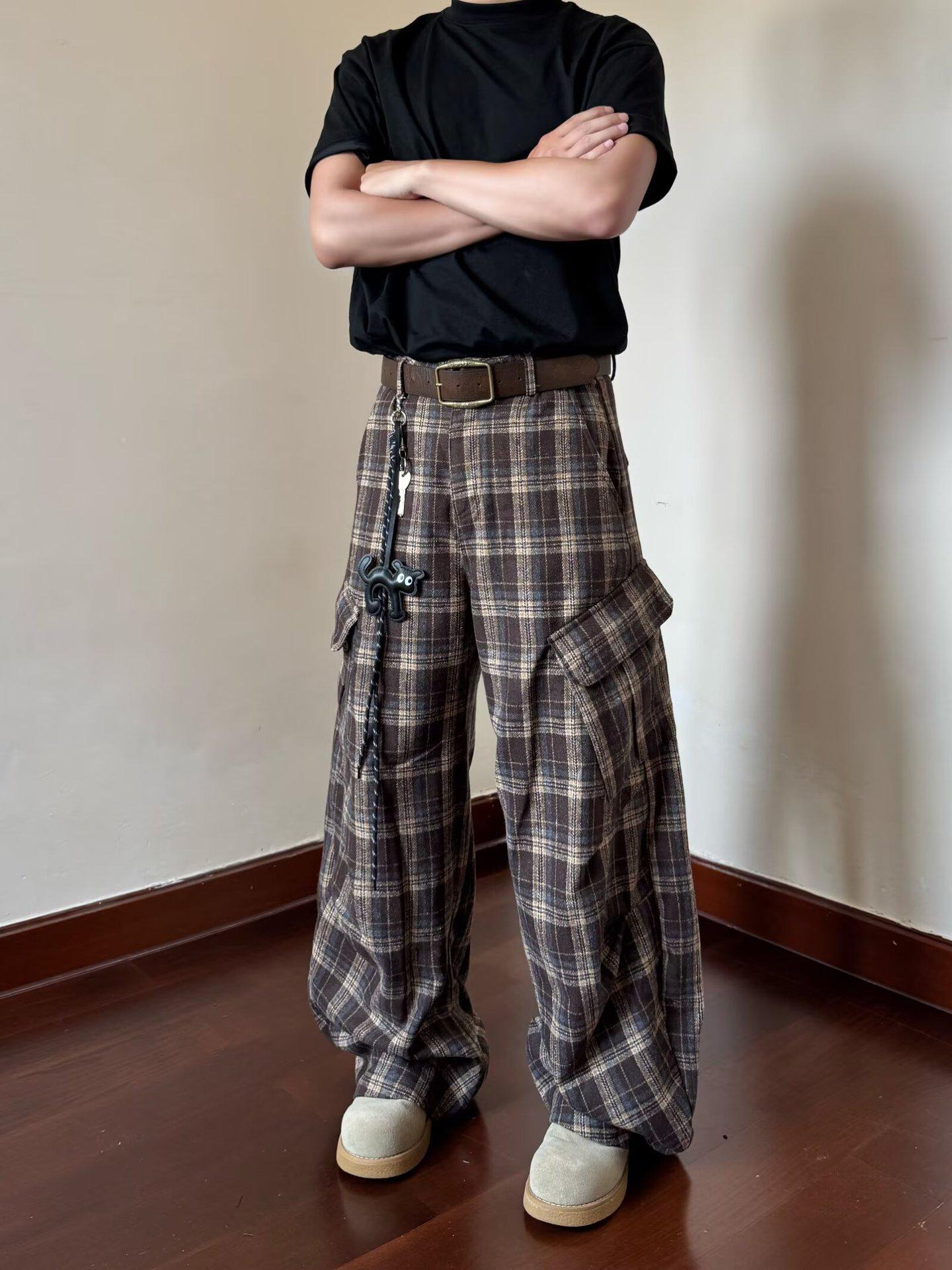Trendy Japanese Plaid Curved-Leg Workwear Pants 3XL
