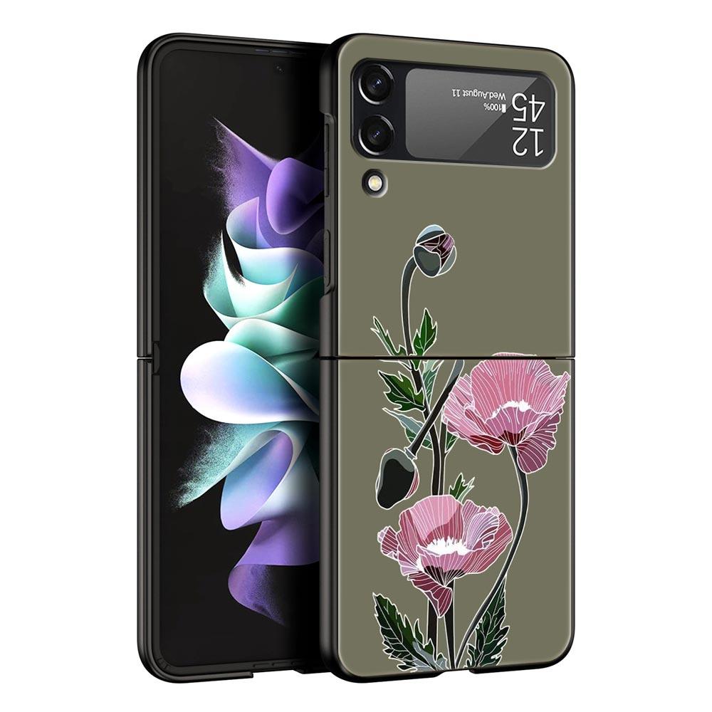Flower Phone Case For Samsung Galaxy Z Flip3 Flip4 Flip5 PC Bumper Shell For Z Flip 3 4 5 Black Hard Folding Back Cover