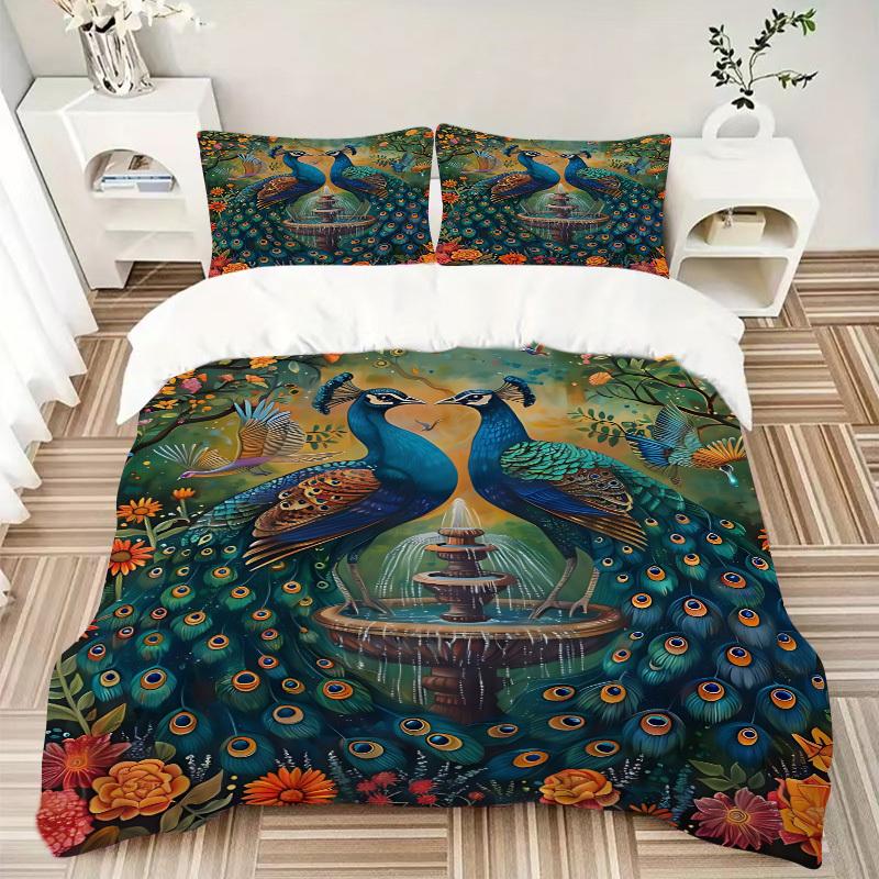 3pcs Peacock Garden Fountain Duvet Cover Set, Cover For Bedroom Guest Room (1 Duvet Cover + 2 Pillowcase, Without Quilt), yy250922132