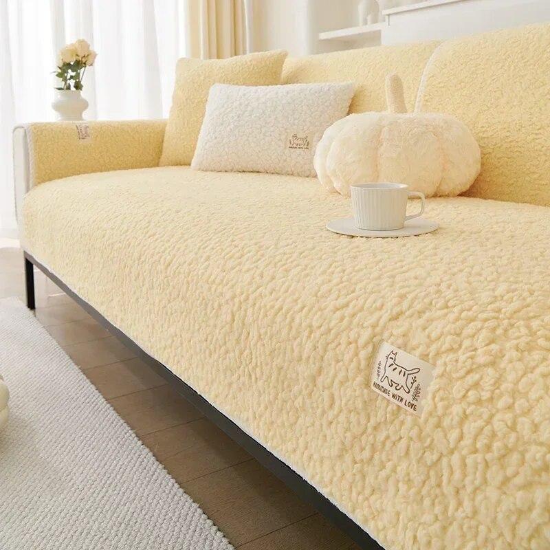 Nordic Solid Color Winter Lamb Wool Sofa Towel Thicken Plush Soft and Smooth Sofa Covers for Living Room Anti-slip Couch Cover