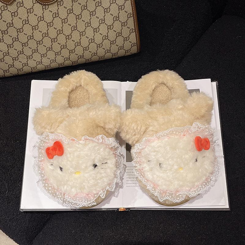 Cute Kitty Fluffy Slippers Women Wear Plush Bag Head Drag 2025 Autumn and Winter New Home Flat Cotton Slippers