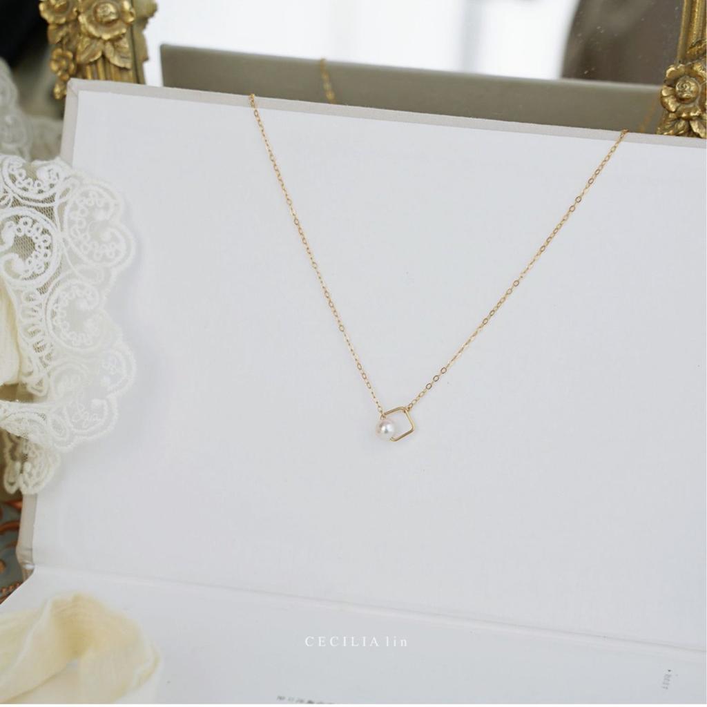 Square and Round Simple Women's Neck Chain Temperament 14K Gold-wrapped Natural Round Bead Pearl Necklace Collarbone Chain Trend