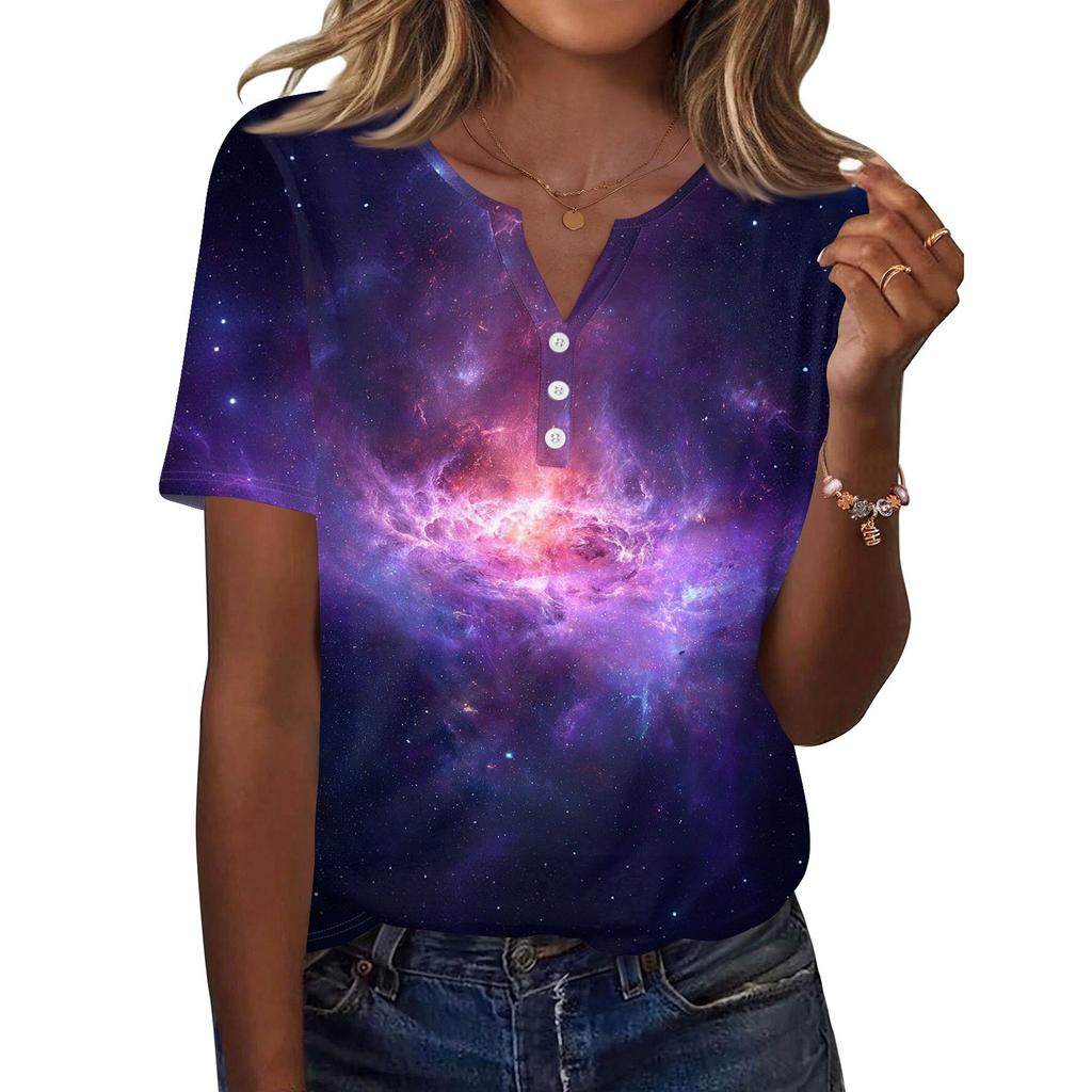 Women's T Shirt Print Button Short Sleeve Daily Weekend Fashion Basic V, Neck Regular Top