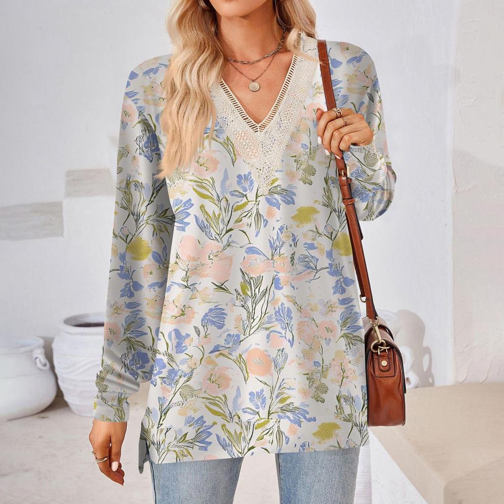 Womens Tops Loose V-neck Contrast Color Split Loose Long Sleeve T-shirt Women's Tops