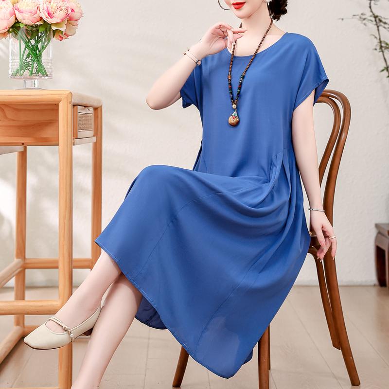 Elegantní dámské letní šaty velké velikosti Vintage oblečení Jednobarevné Krátký rukáv Volné Dlouhé šaty