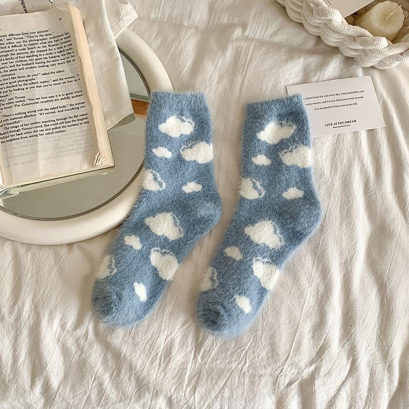 

Женские носки из норки, пушистые, плюшевые, теплые, для сна, мягкие, уютные, зимние носки, женские милые носки с героями мультфильмов, носки-тапочки one size синий