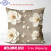 1 Pieces Beige Pillow With White Flower 2D Flat Printed Design Polyester Pillowcase Sofa Decorative Cushion Cov Headboard Pillow