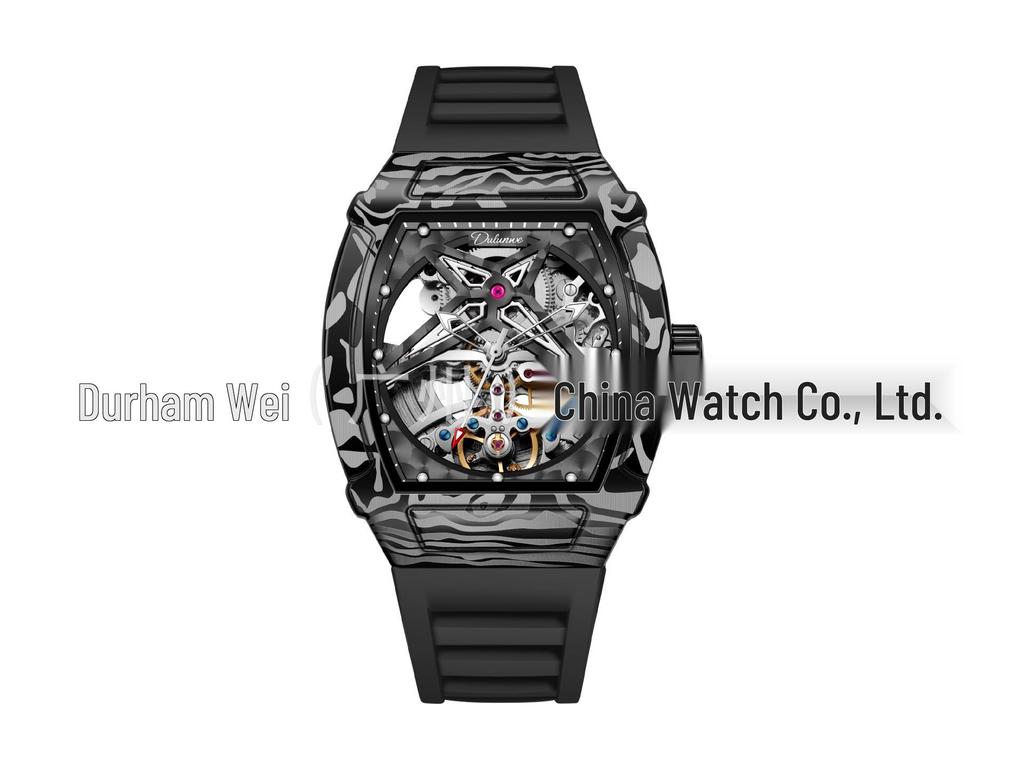 Durham Yao Men's Waterproof Mechanical Watch - Tonneau-Shaped Alloy Case with Carbon Fiber Design and Skeleton Dial