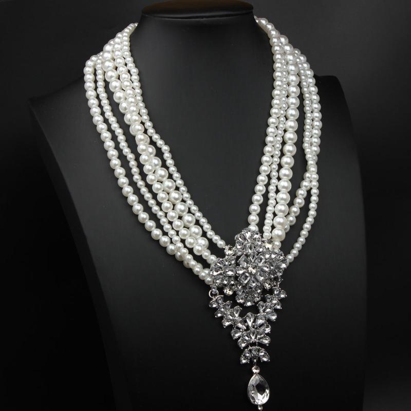 Multi-layer Pearl Crystal Gemstone Water Drop Pendant Short Collarbone Necklace Exaggerated Fashion Women's Jewelry