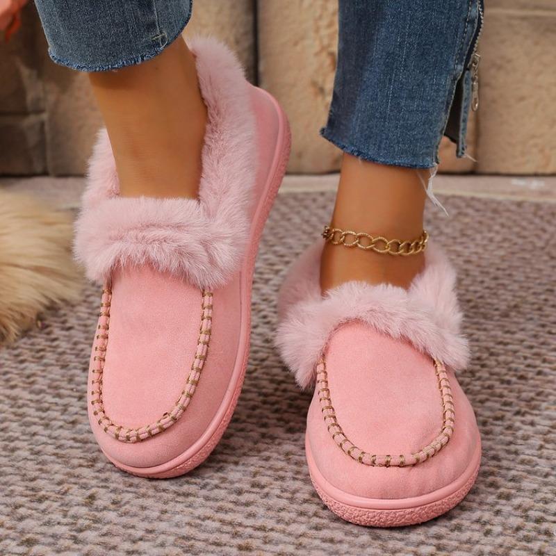 Women's Plus Size Furry Cuff Flat Cotton Shoes Autumn Winter Fleece Lined Warm Slip on Shoes