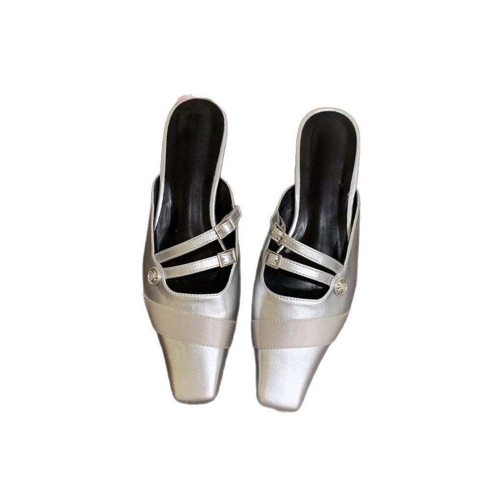 Temperament 2025 spring and summer fairy new thick heel single shoes shoes silver French half tray outer wear bag head half slippers