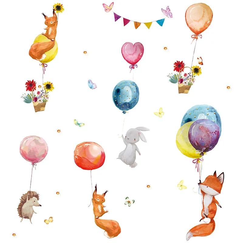 Cartoon Colorful Balloons Animals Wall Stickers for Kids Room Baby Nursery Room Decoration Wall Decals PVC Fox Bunny Stickers
