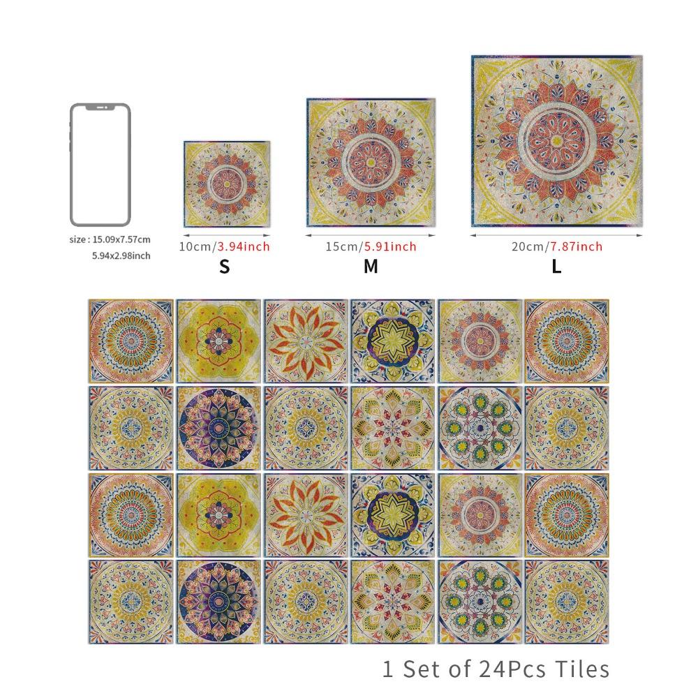 

24Pcs/Set Mandala Style Ceramics Wall Sticker 10/15/20cm Tile Decoration Film Kitchen 10*10cm-Style C