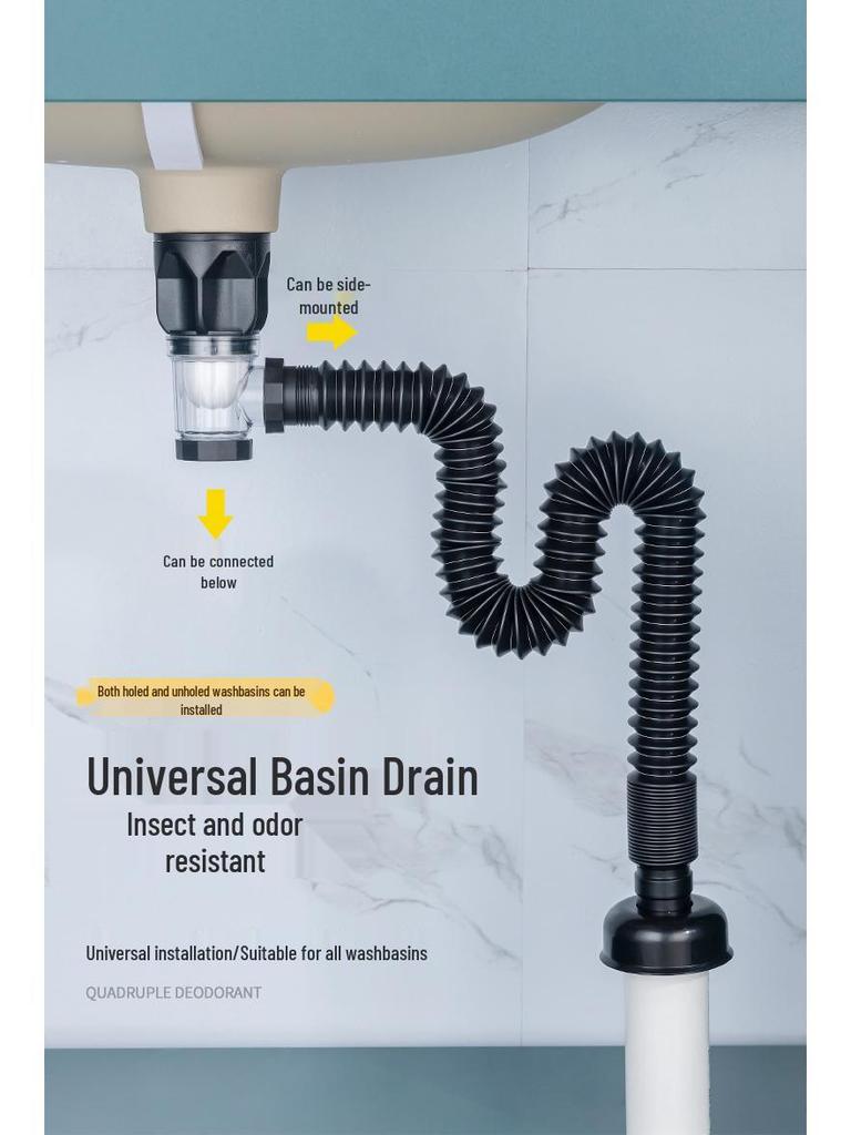 Wall-Mounted Anti-Odor Bathroom Sink Drain Set - Stainless Steel Basin Pipe and Horizontal Drainer.