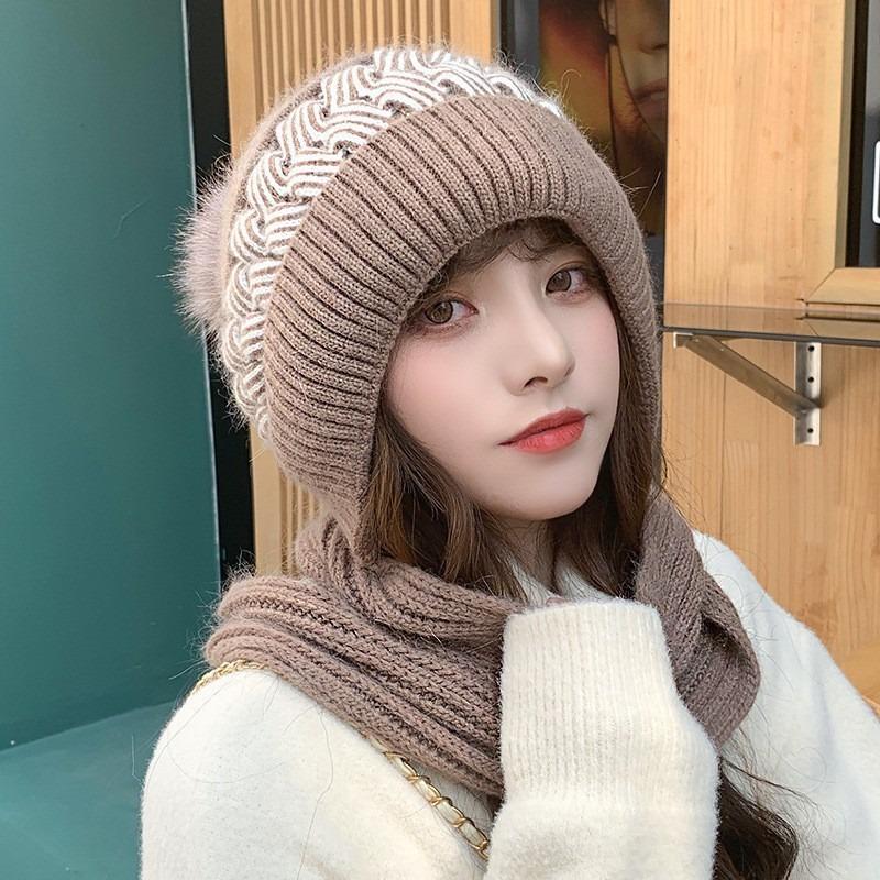 Autumn and Winter Fashion Scarf Hat One-Piece Cute Versatile Knitting Hat Women Ear Protection Neck Brace Thickened for Keep Warmth Knitting Hat