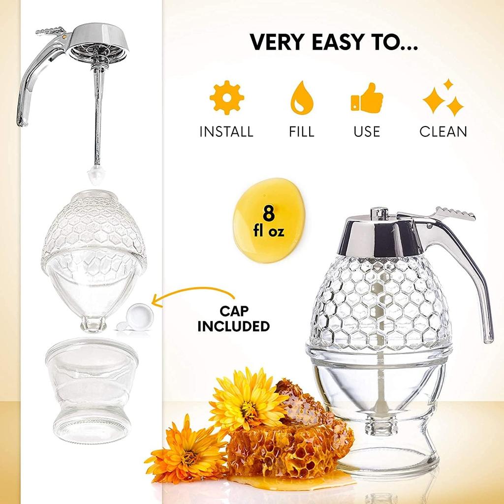 Honey Dispenser - Drip Free 8 Oz - Honey Pour Dispenser, Syrup Dispenser Acrylic Honey Jar Drip Free Honey Pour Bottle Dispenser Honey Dispenser -