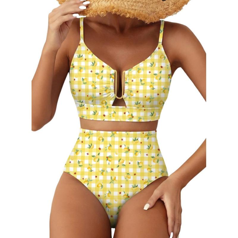 Women Floral High Waisted Bikini U Metal Ring Front Two Piece Spaghetti Strap Beach Swimsuit