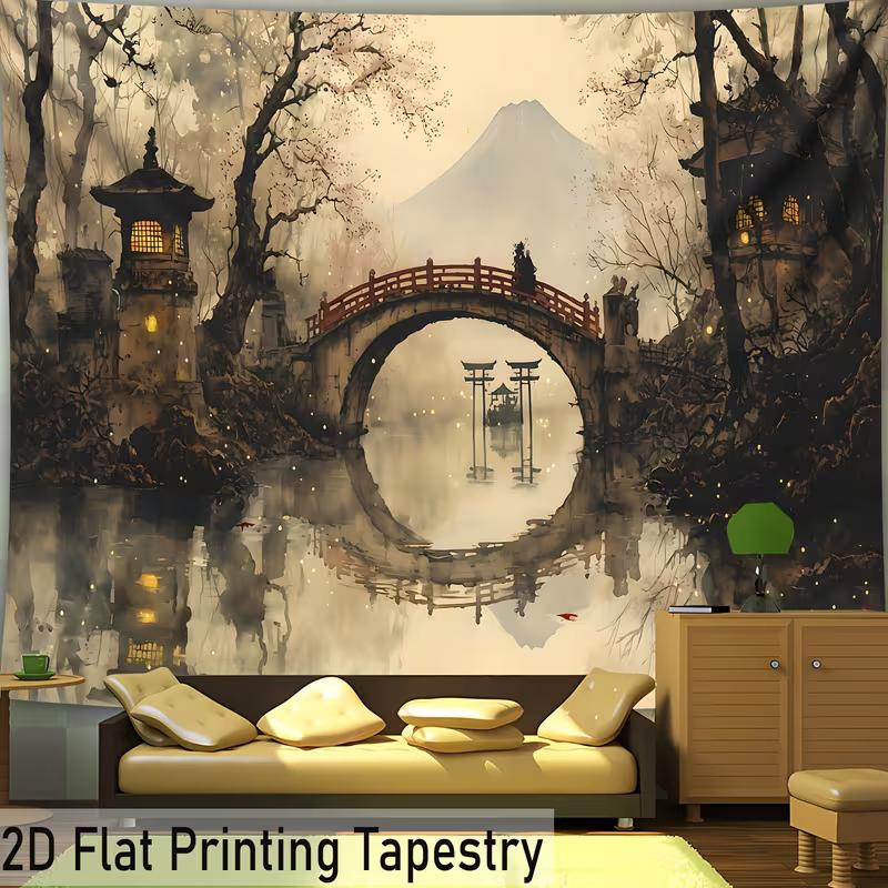2D Ethereal Japanese Tapestry Watercolor Fuji Mountain and Lake Scene Wall Decor 47.2x31.5inch/120*80cm
