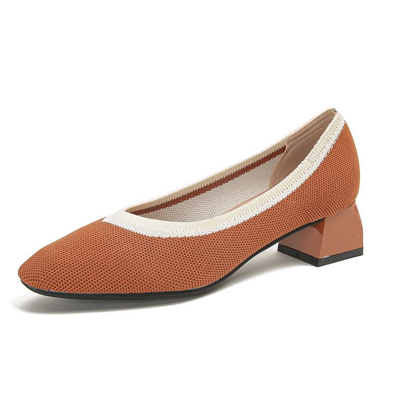 Strength Fashion Versatile Flying Knitting Comfortable Coarse Heel Pointed Small Square Head Knitted Women's Shoes