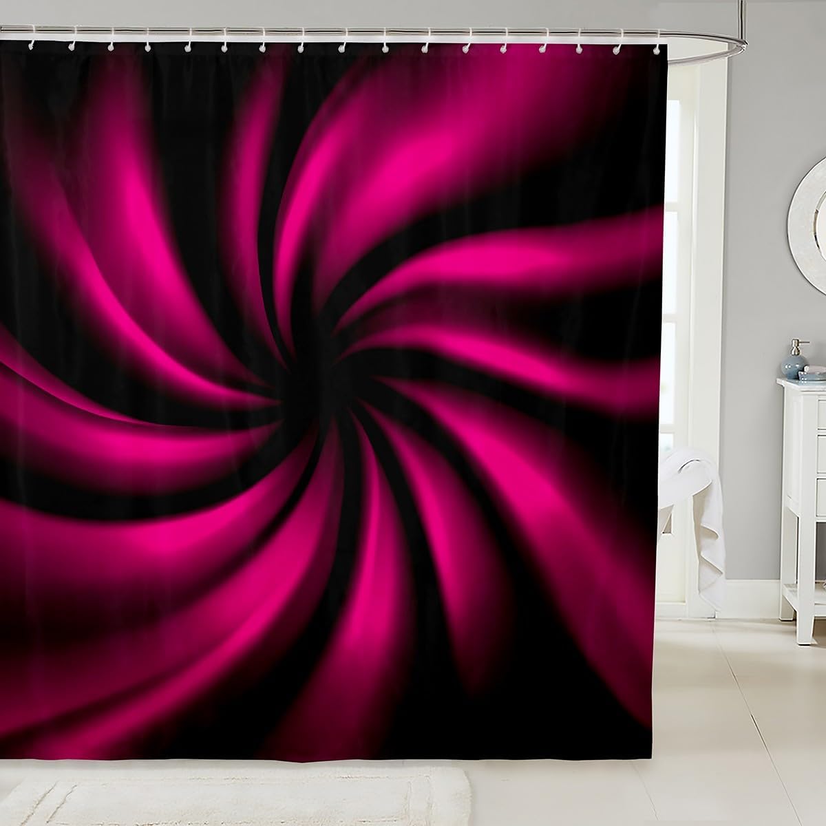 

Abstract Hot Pink Black Shower Curtain Stripes Bathroom Shower Curtain Set For Boys Geometric Bath Curtain Waterproof Swirl W60H190(CM)-1 Pcs