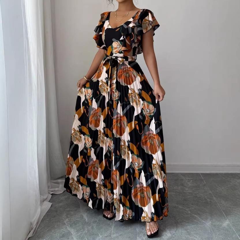 Women Vintage Floral Print Pleated Maxi Dress Ruffle V Neck Self Tie Waist Vacation Long Dress