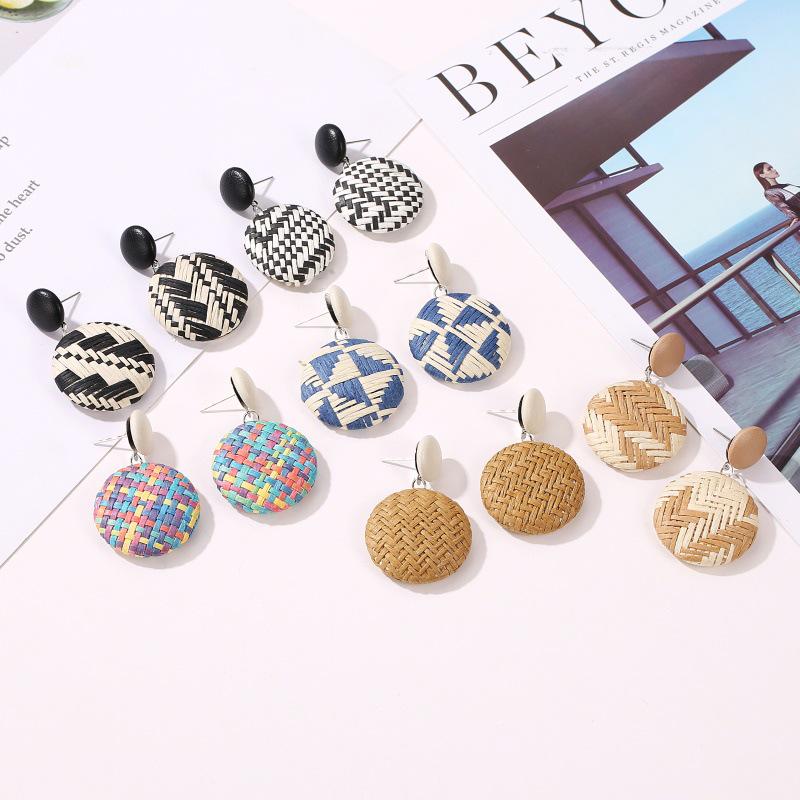 Fashion Boho Retro Button Earrings National Wind Weave Grass Paper Round Earrings Jewelry KTJ
