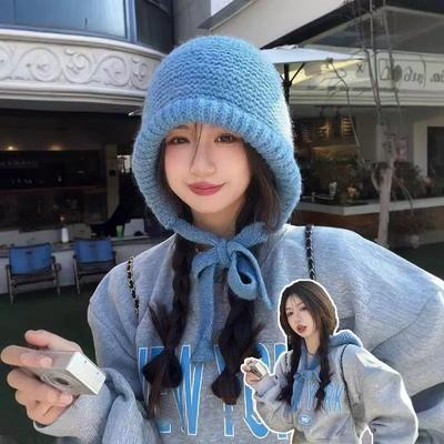 Women Messenger Bag Knit Hat Korean Girl Woolen Earmuffs Cap Dual-use Plush Beanies Winter Warm Ear Protection Headgear