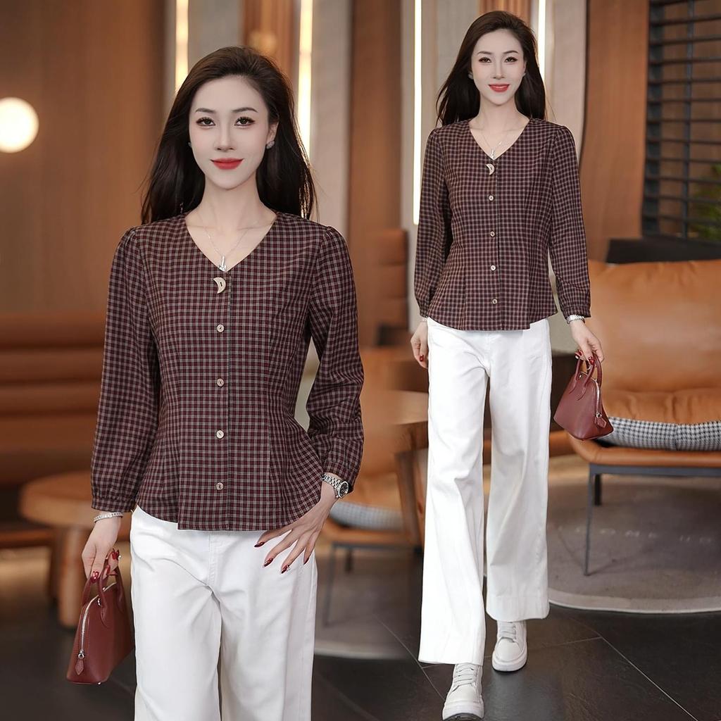 Camicia a Maniche Lunghe a Quadri Retro Chic con Scollo a V Snellente per Donna - Collezione Primavera 2026