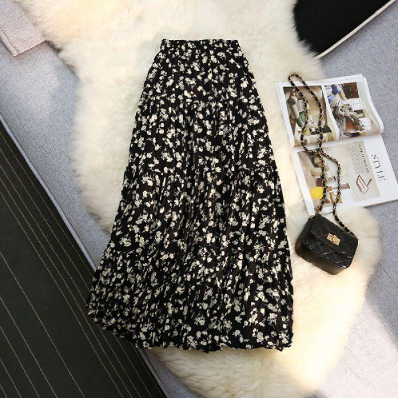 

Pleated floral skirt women s spring dress spring and summer new high-waisted A-shaped skirt medium length drape retro gentle skirt S
