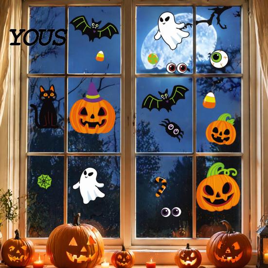 Klassenzimmer Halloween Dekorationen Niedliche Statische Klebefensteraufkleber, Kürbis Geist Fledermaus Schwarze Katze Glas Spinne Augapfel Aufkleber Aufkleber, Kein Klebstoff