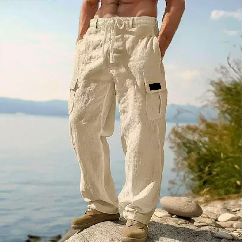 American men's cotton and linen trousers, four-season thin loose multi-pocket tooling casual wide-leg trousers